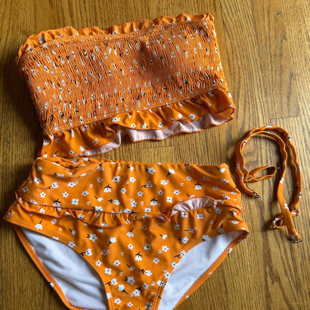 Orange Floral 2 Pieces Bandeau Bikini
